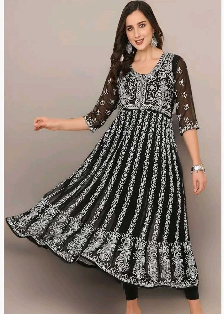 chikankari New Long Anarkali Kurti M