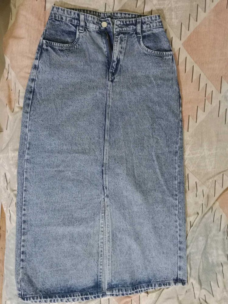 Denim Midi Skirt with Slit
