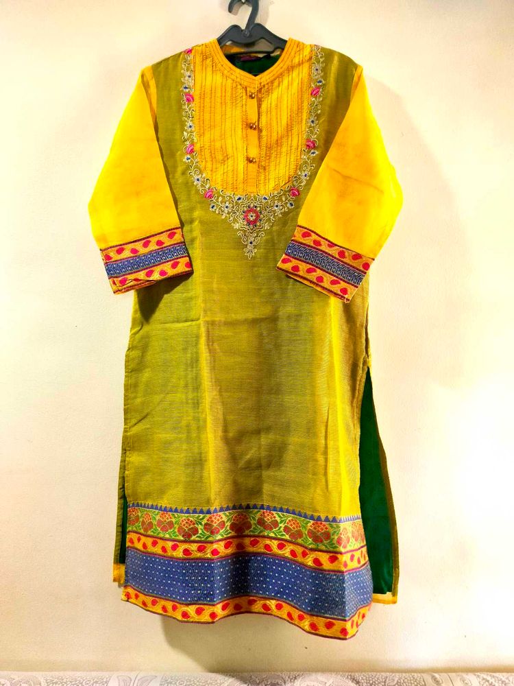 Beautiful Kurta With Embroidery Yellow Yoke