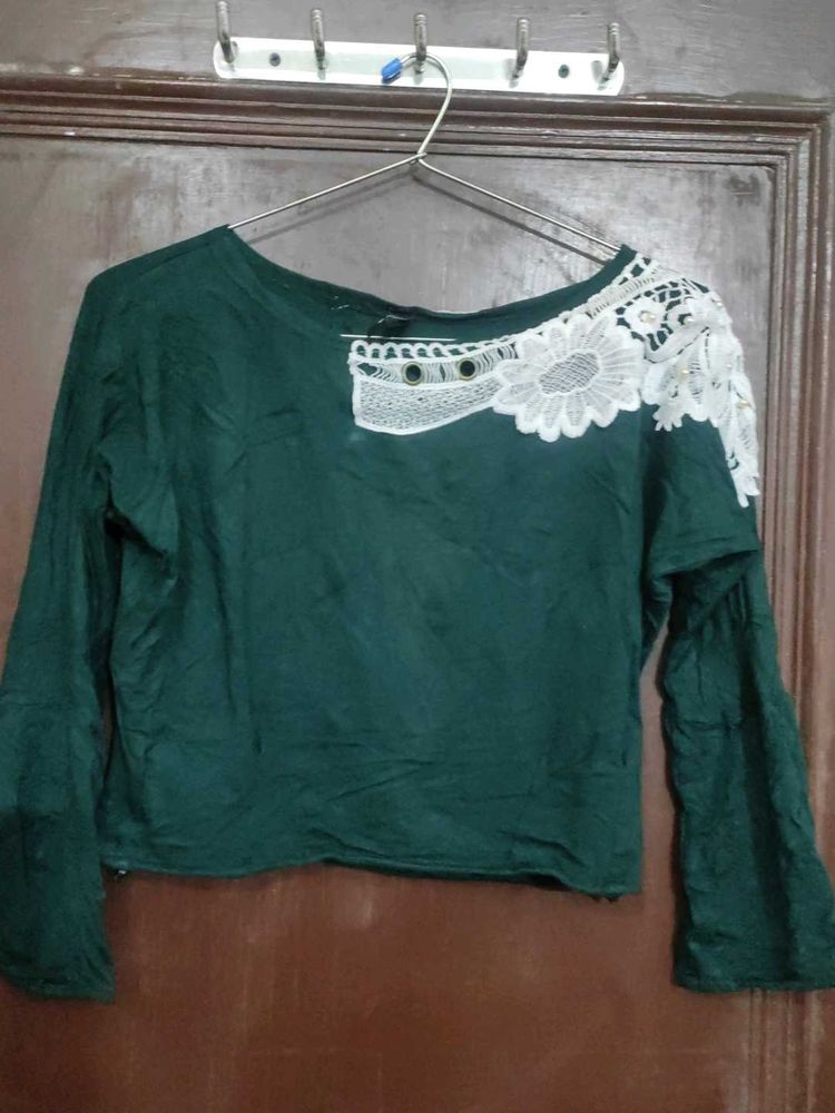 Green crop Top with Lace Detail