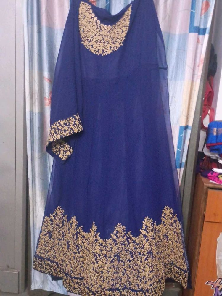 Elegant Blue &amp; Gold Embroidered Dress