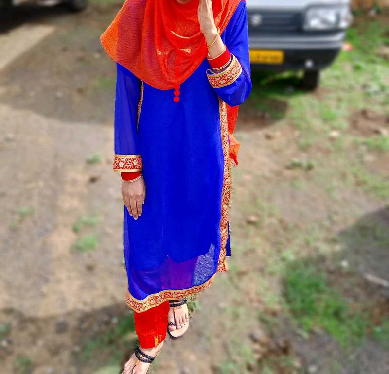 Blue &amp; Orange Embroidered Salwar Kameez