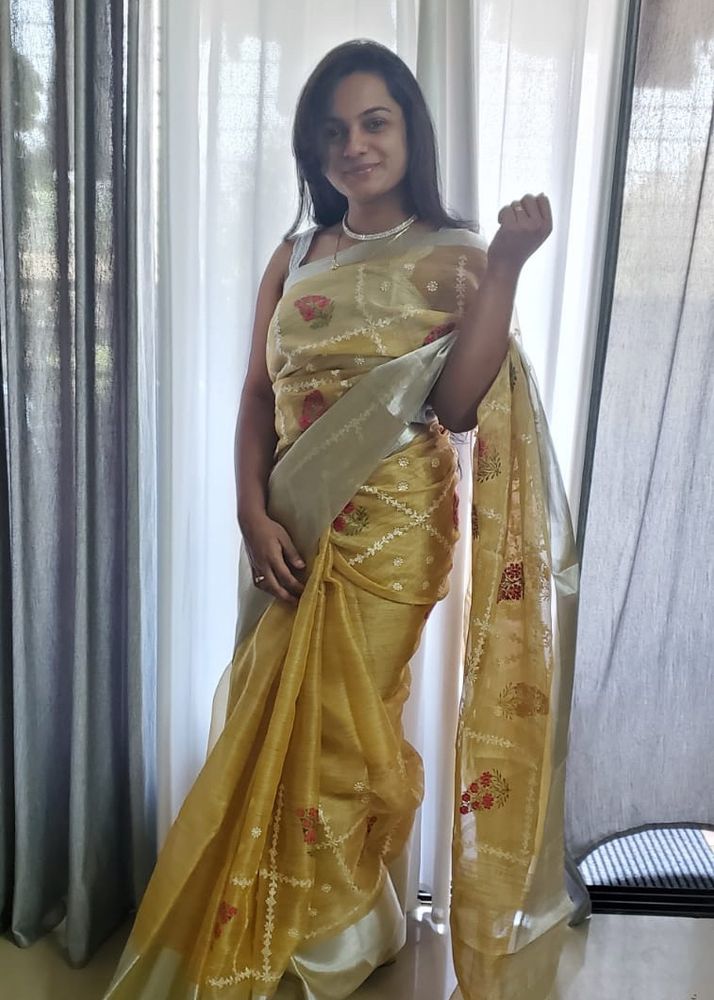 yellow soft organza saree