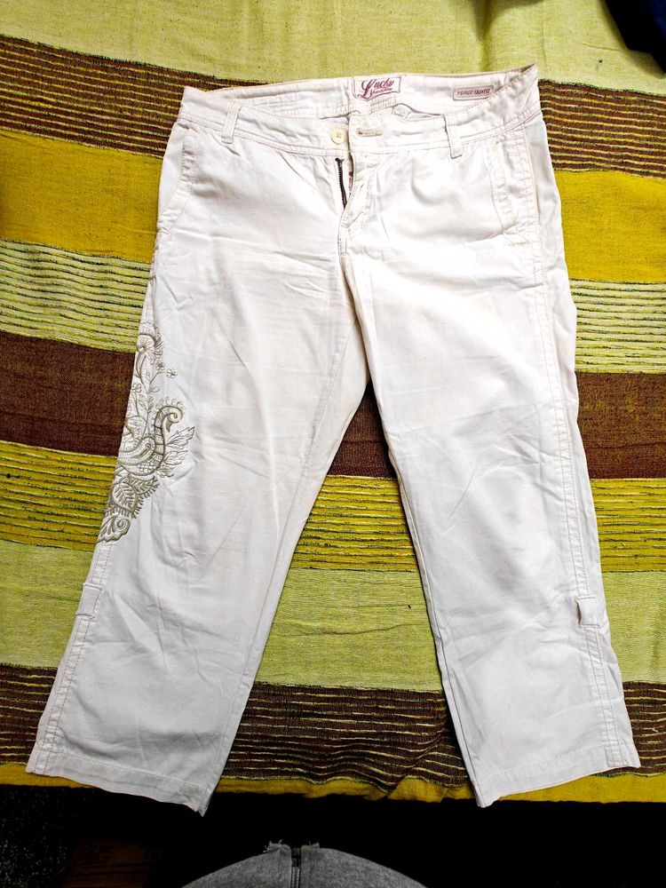 White Embroidered Trouser