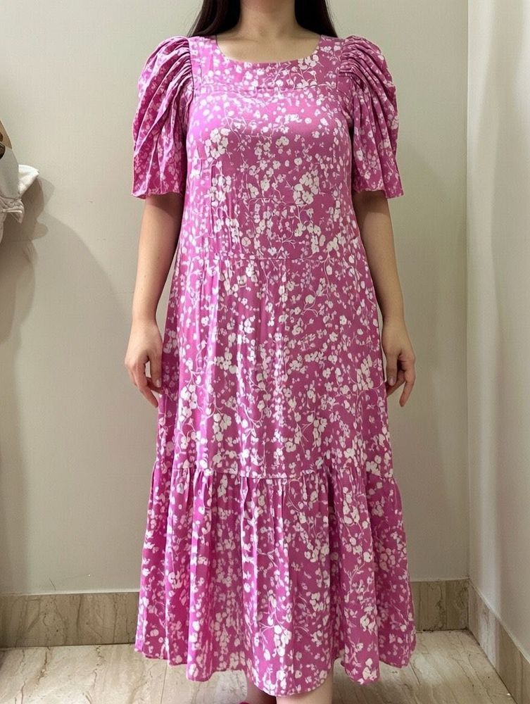 Pink Floral Puff Sleeve Maxi Dress