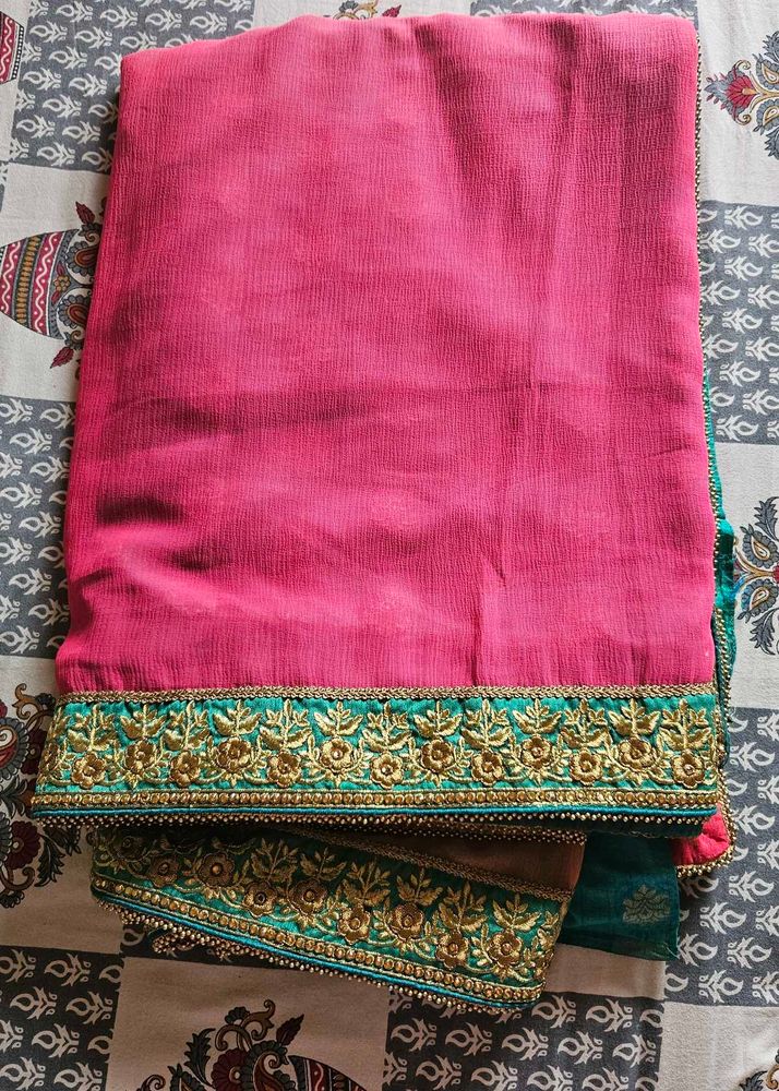 Pink &amp; Teal Embroidered Saree