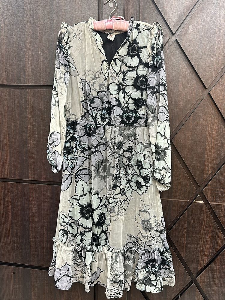 Grey Floral Flared Dress
