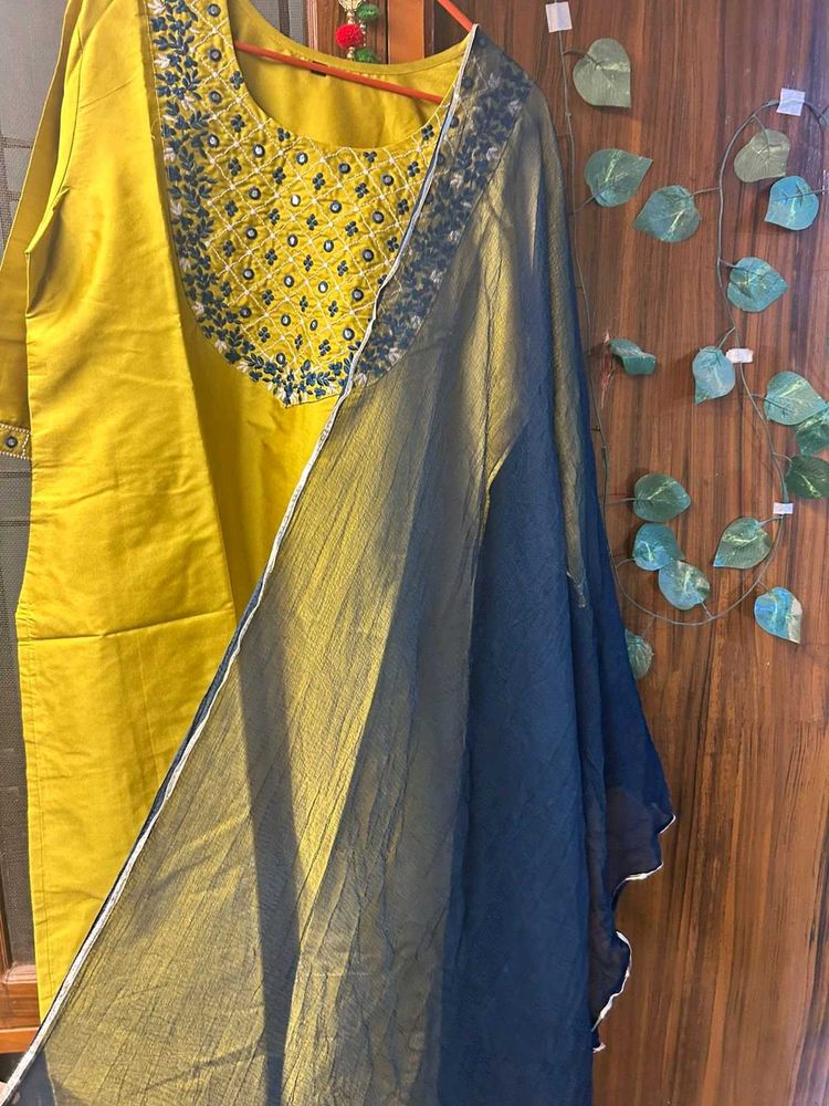 Mustard Embroidered Kurti with Dupatta