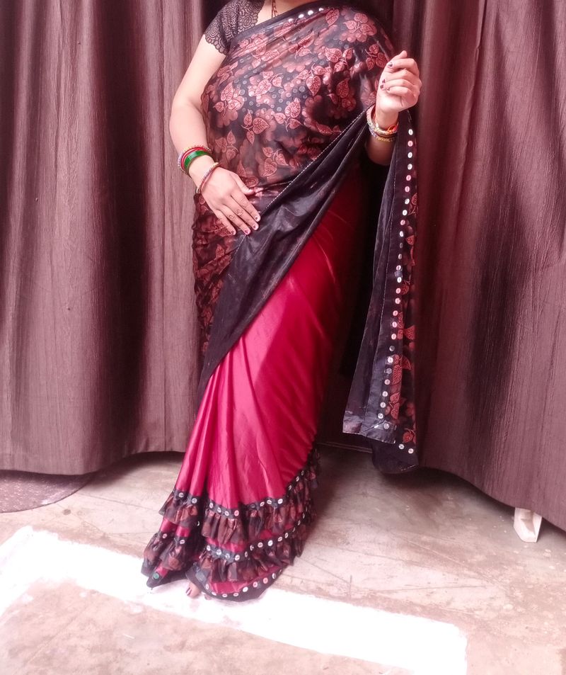 Maroon N Black Frill Saree