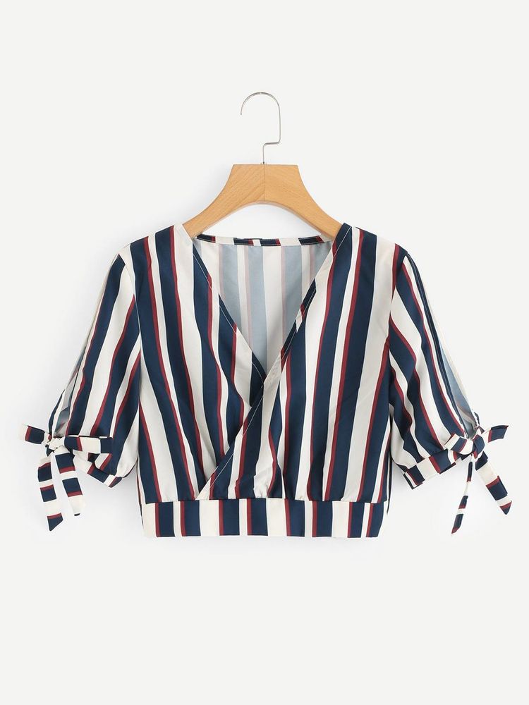 Striped Wrap Top with Tie Sleeves