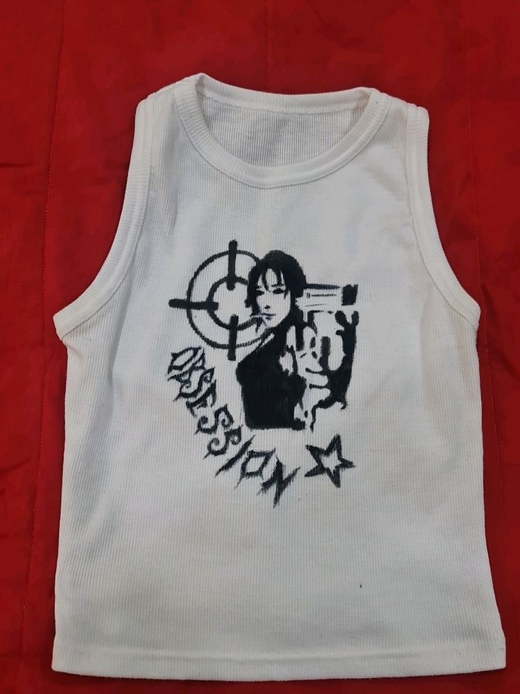 Y2k White Tank Top With Hand Painting