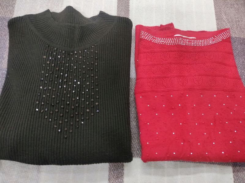 Red Boat Neck  And Dark Brown Sweater