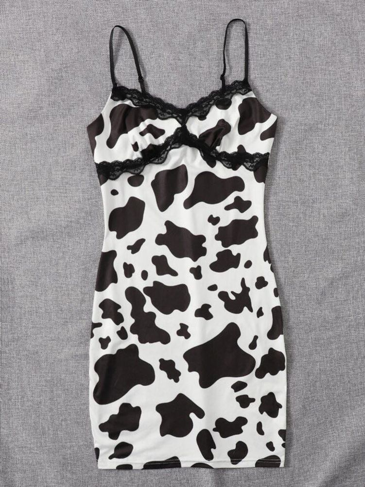 Shein Cow Pattern Lace Trim Cami Bodycon