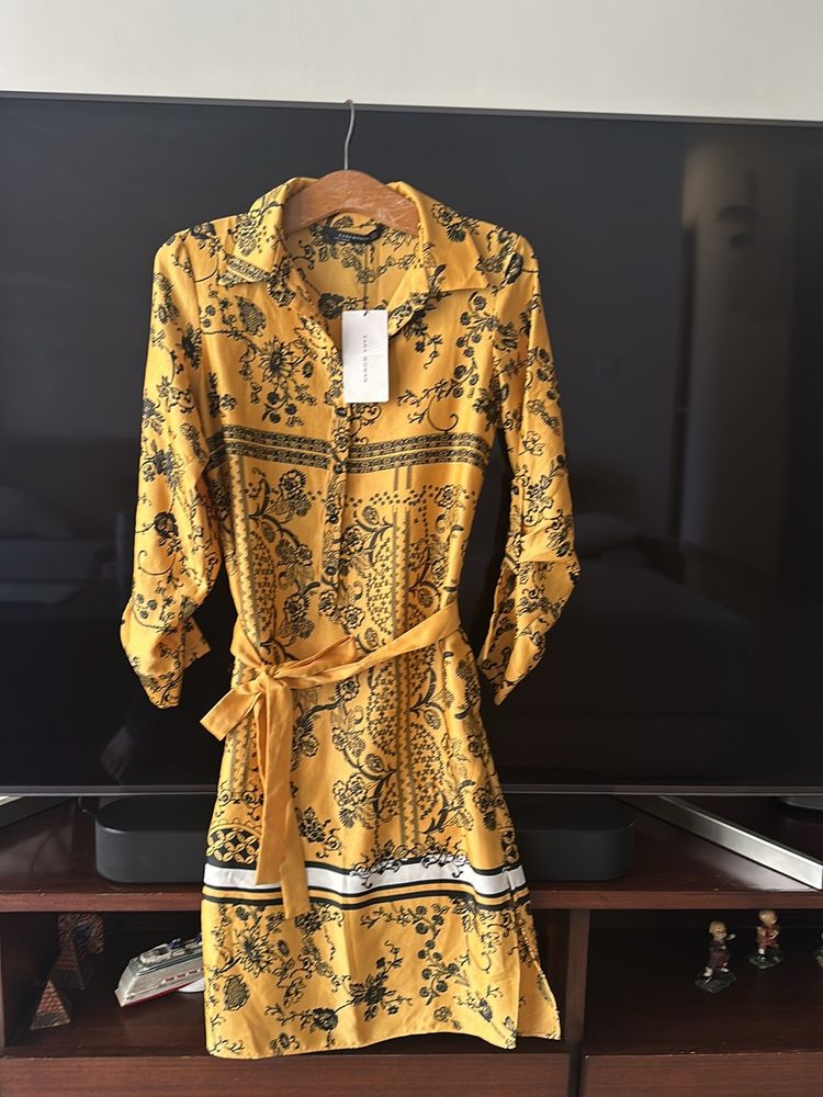 New With Tags Zara Floral Yellow/mustard Dress