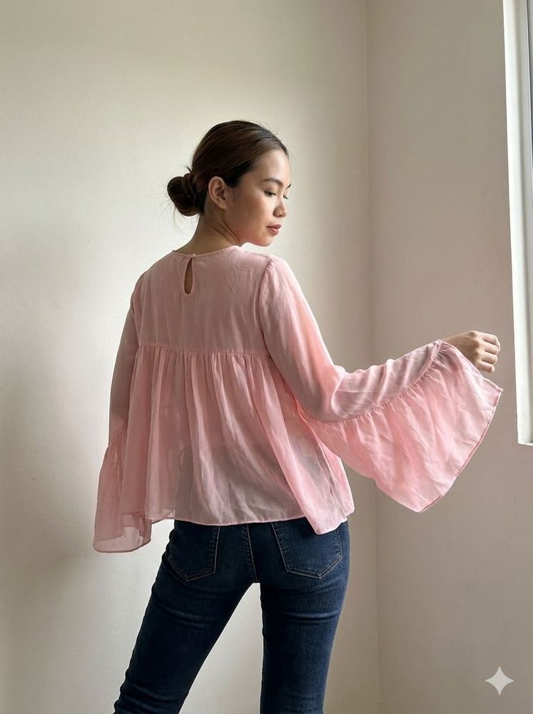 Pink Flared Sleeve Blouse