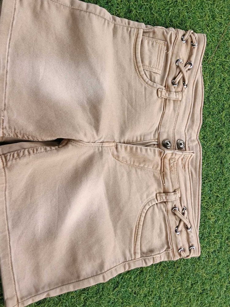 Tan Lace-Up Detail Shorts