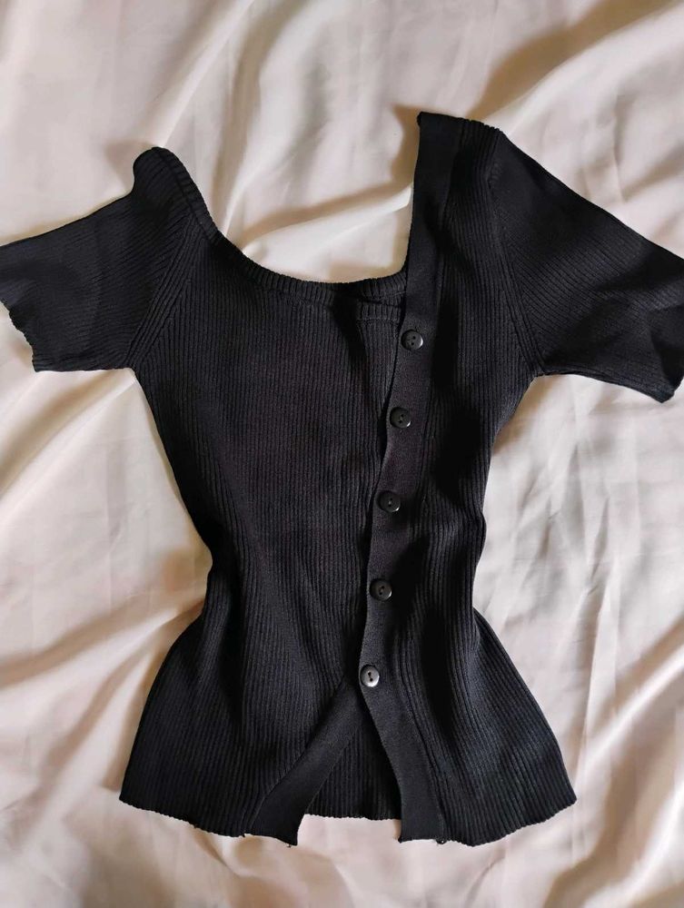 Black Ribbed Assymetrical Button-Front Top