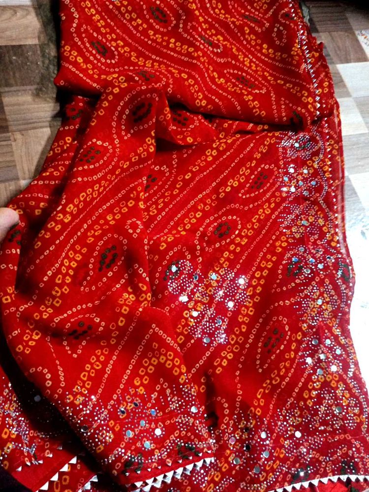 Red   Bandhni Sadi Mirror Work Blouse Size  44