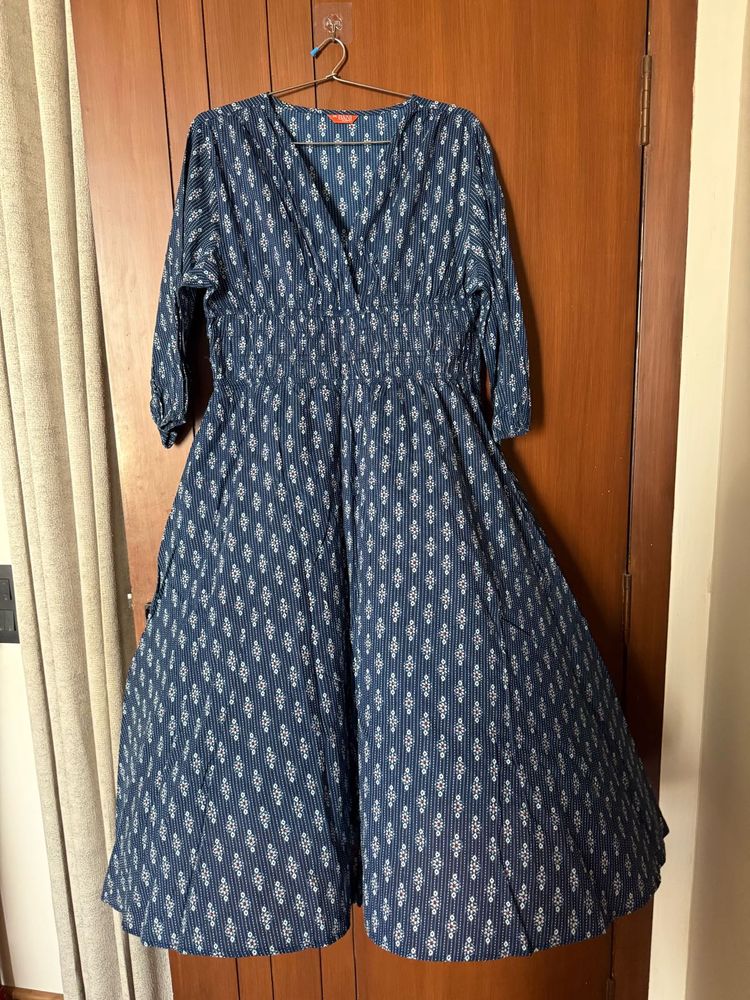 Indigo Print Embroidered Dress