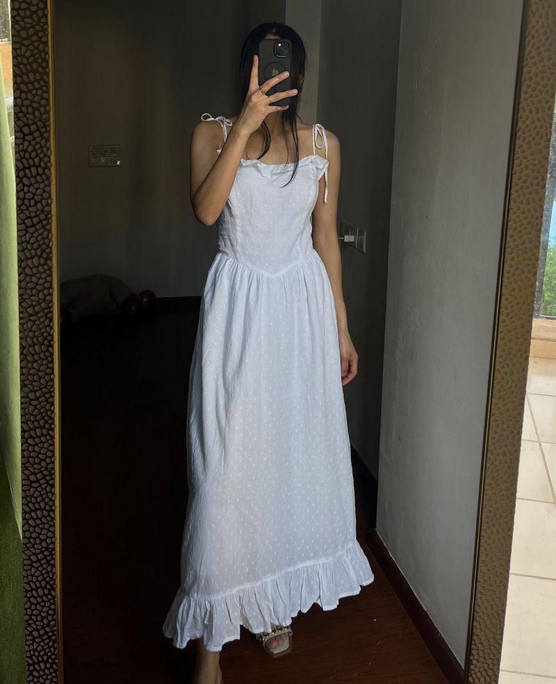 Swiss Dot Corset Ruffled Sleeveless Midi Dress