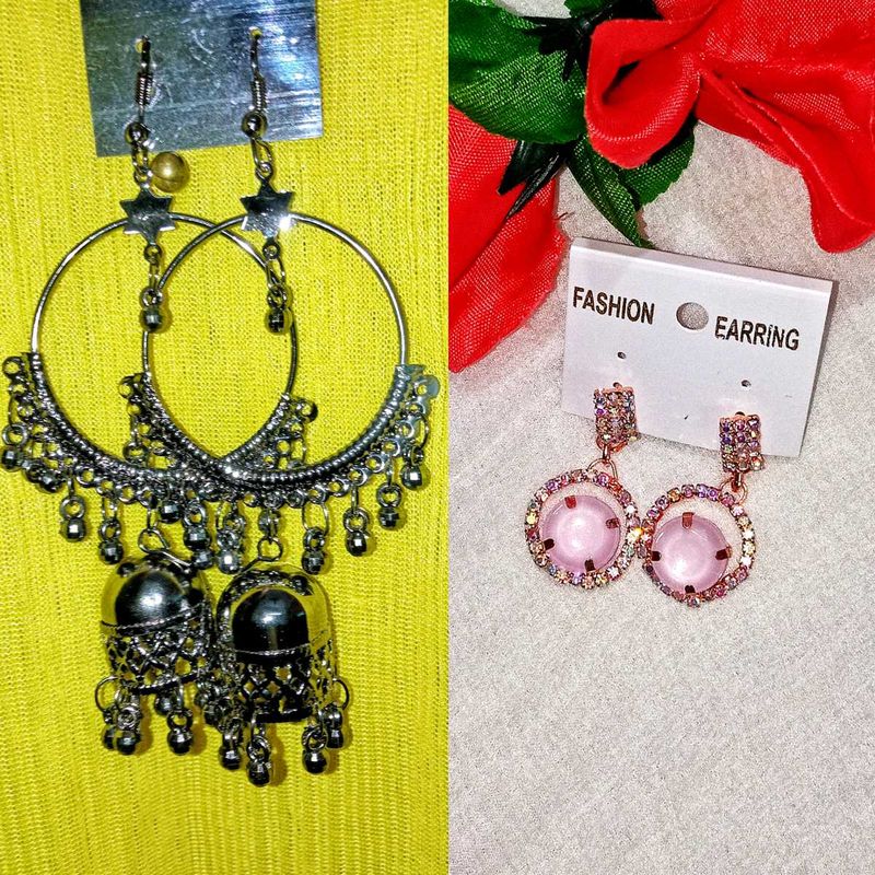 Combo Set Of 2 Pink DropEarrings &amp; Metallic Jhumka