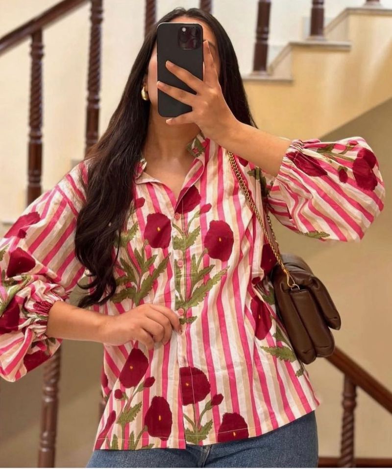pink poppy print striped shirt