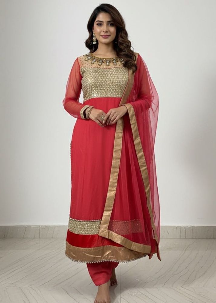 Elegant Red &amp; Gold Kurta Set