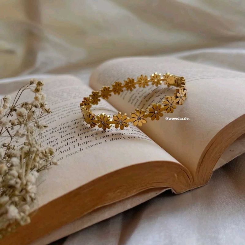 Gold Flower Bangle Bracelet, Anti Tarnish