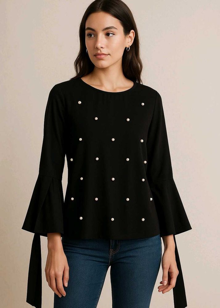 Black Pearl Embellished Bell Sleeve Top