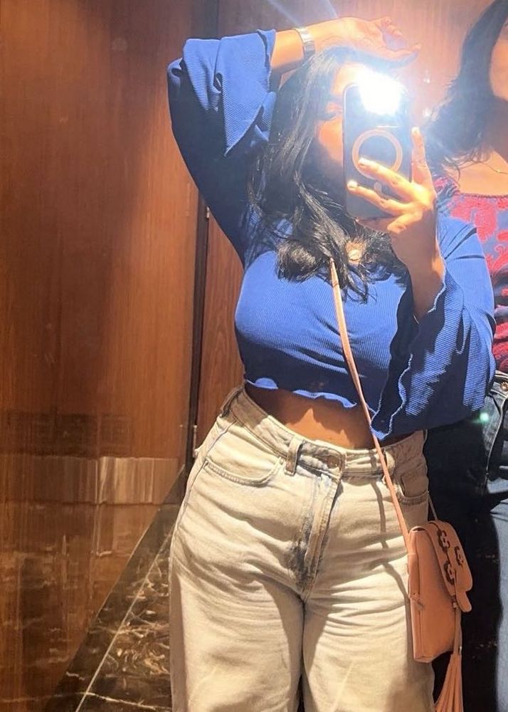 Blue Ruffle Sleeve Crop Top