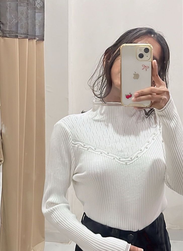 White Ribbed Mock Neck Top