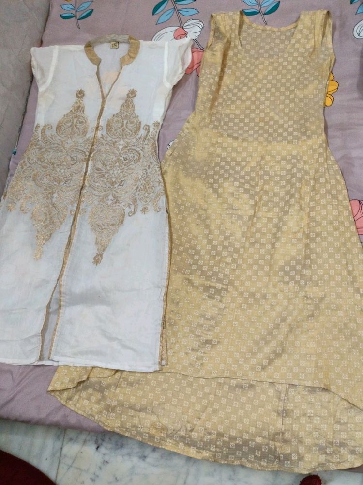White Kurti With Golden Inner and Golden thread Work On It