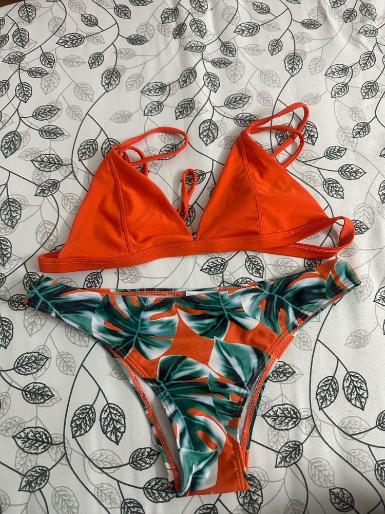 Orange &amp; Leaf Print Bikini Set