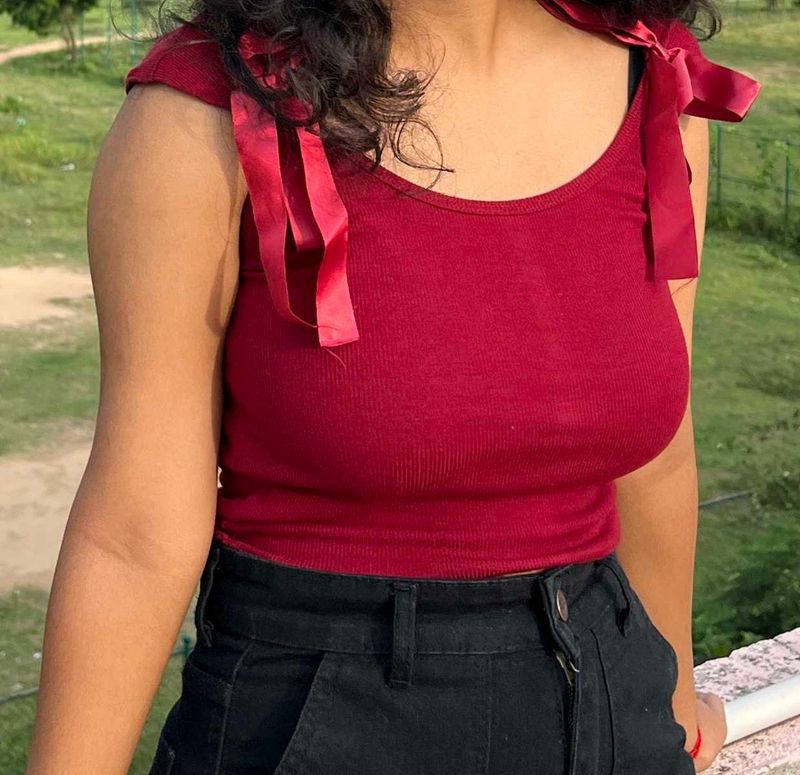Ribbed Tie-Shoulder Top