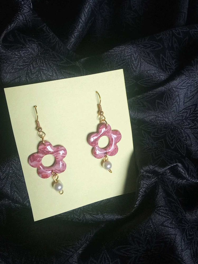 Pink Flower Pearl Drop Earrings