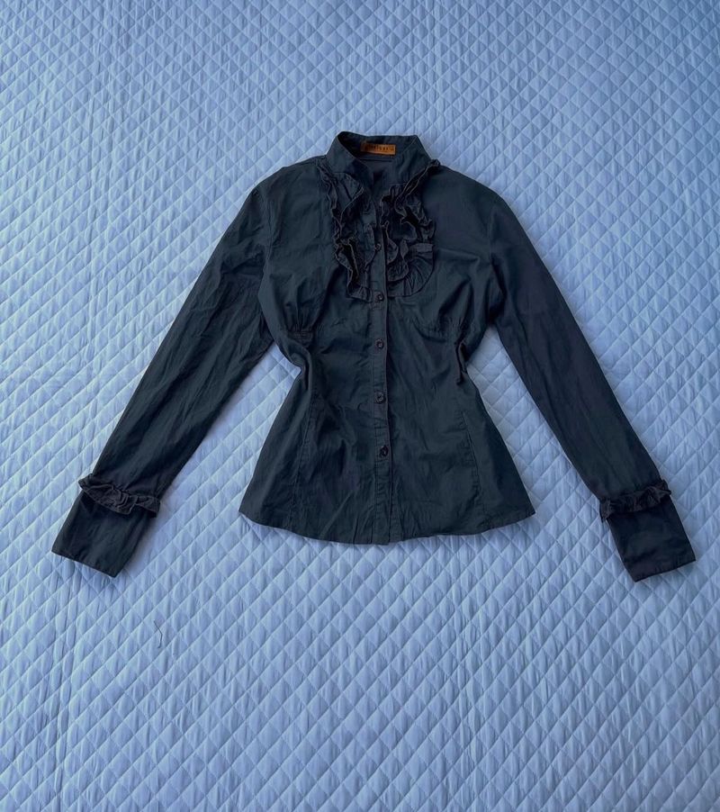 Y2k Vintage Black Fitted Ruffle Shirt