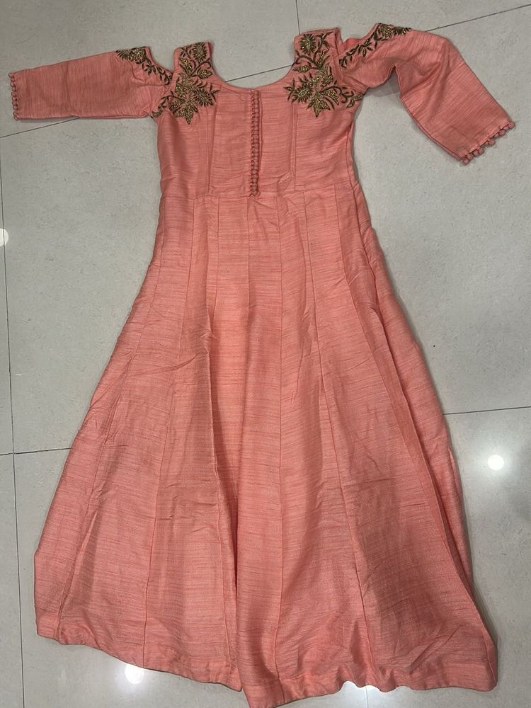 Peach Embroidered Cold Shoulder Dress