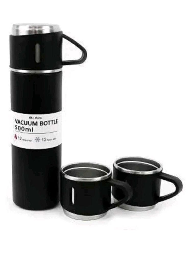 Black Vacuum Bottle with 2 Travel Mugs - 500ml New