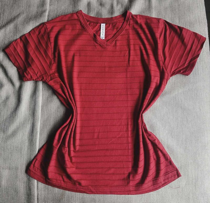 Striped Unisex Red V-Neck T-Shirt