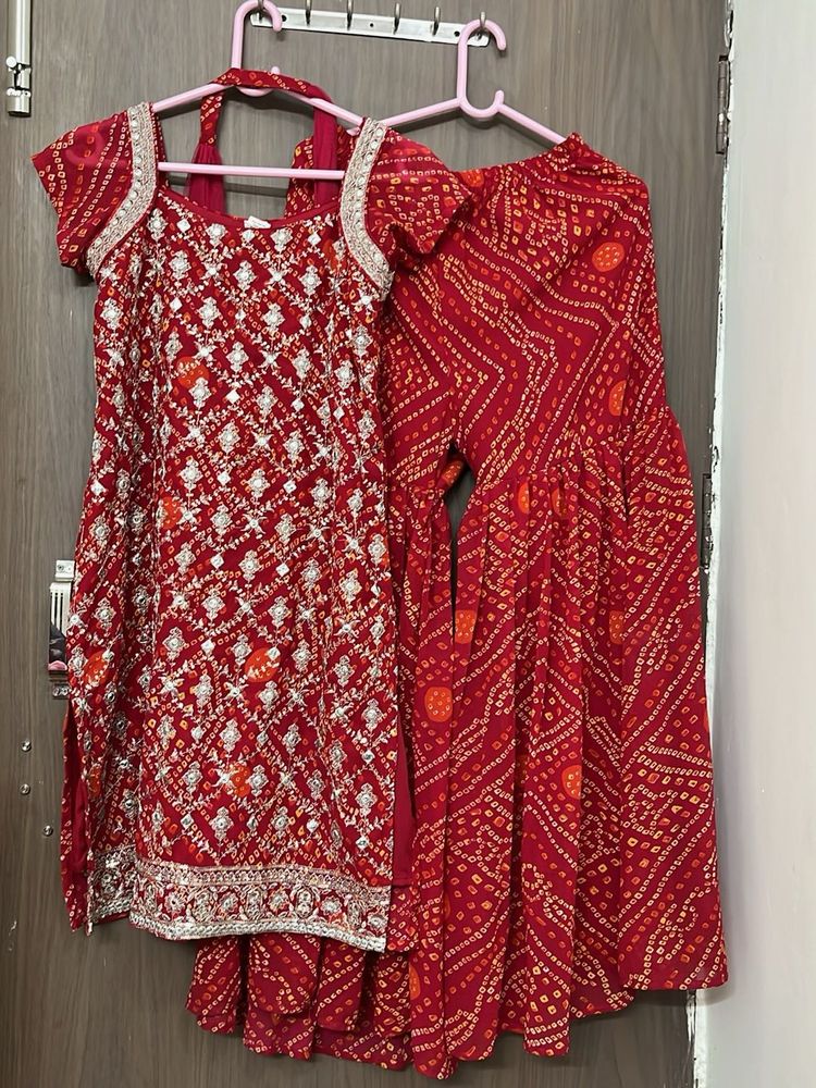 Heavy New Red Bandhani Sharara Suit Set