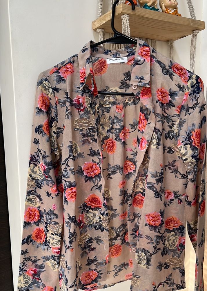 PURYS Beige Semi Formal Floral Full Sleeve Shirt
