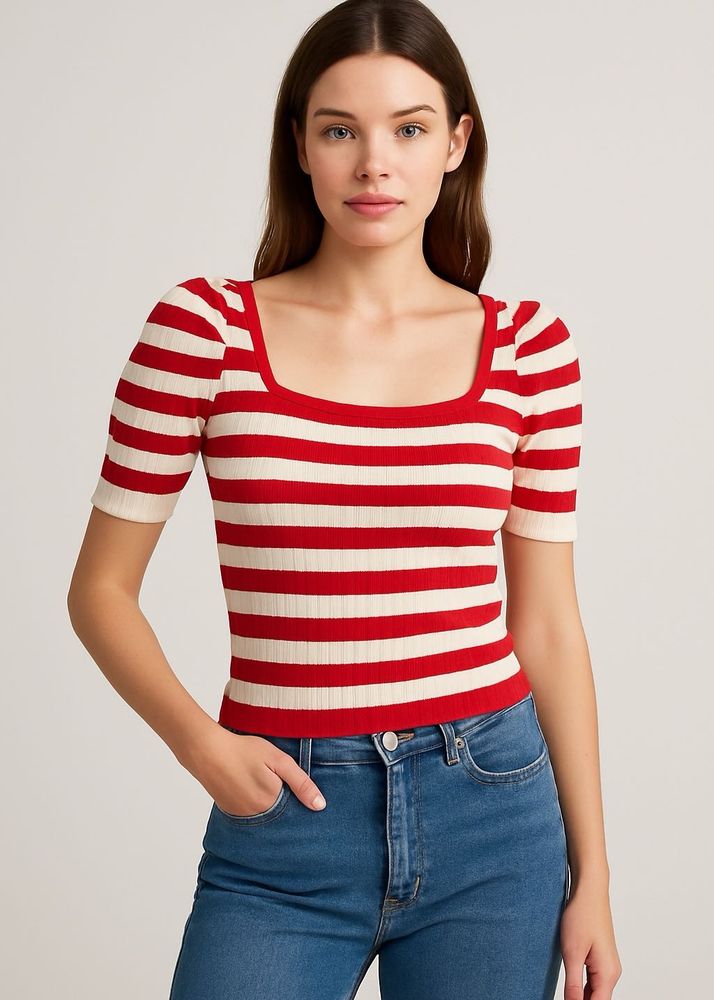 Retro Red &amp; Cream Striped Knit Square-Neck Top