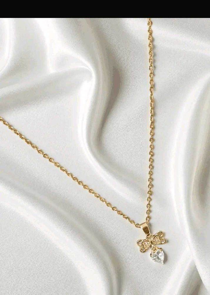Gold Tone Bow &amp; Heart Necklace, Anti Tarnish