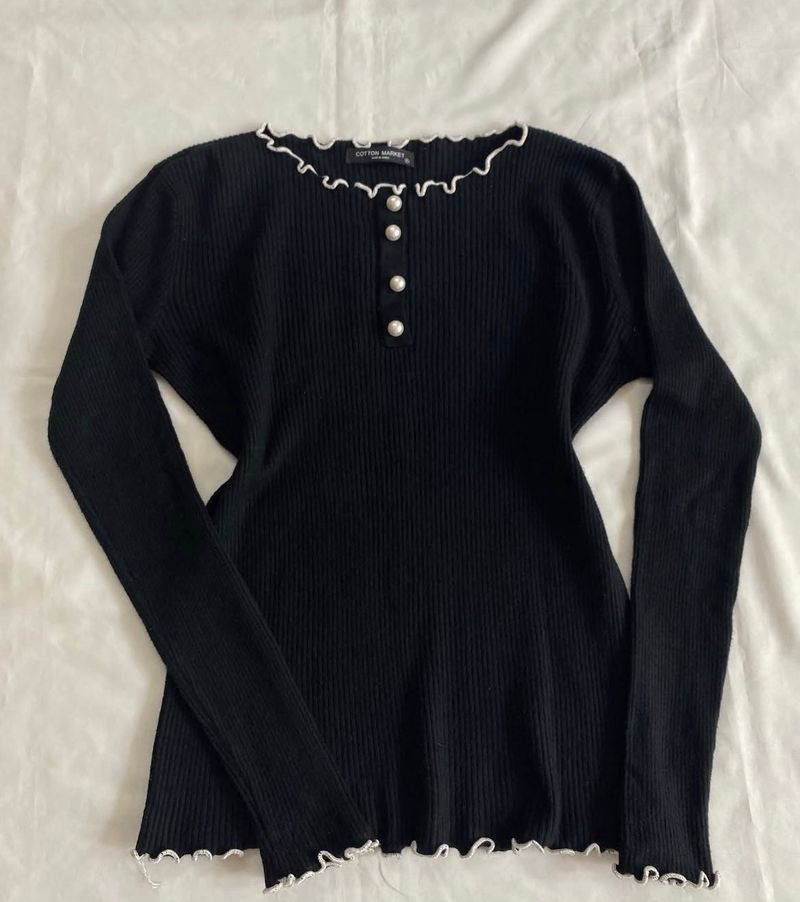 Black Ruffle Trim Long Sleeve Top