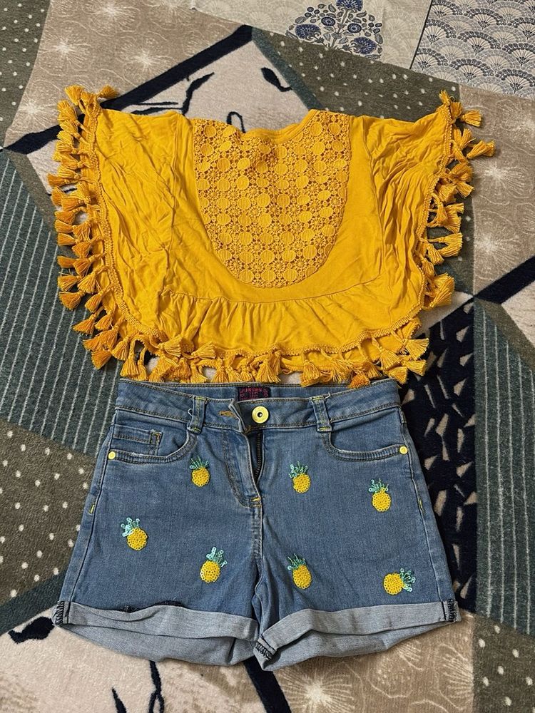 Girls&#39; Pineapple Denim Shorts Set