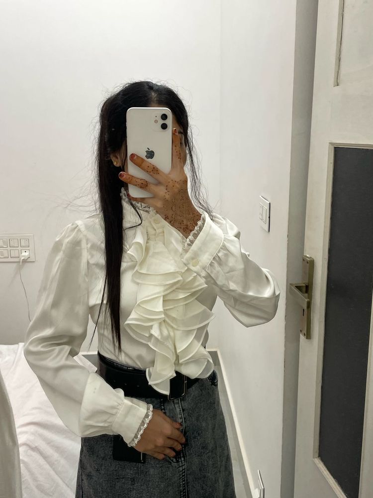 Victorian neck design Ruffled Korean White Top