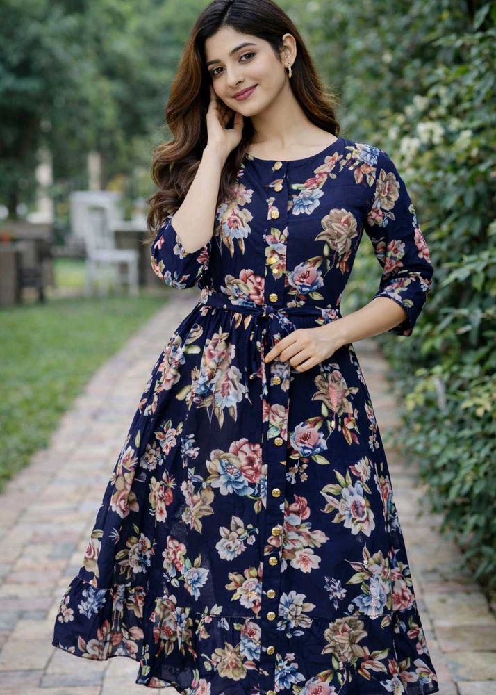 Floral Print Navy Blue Dress