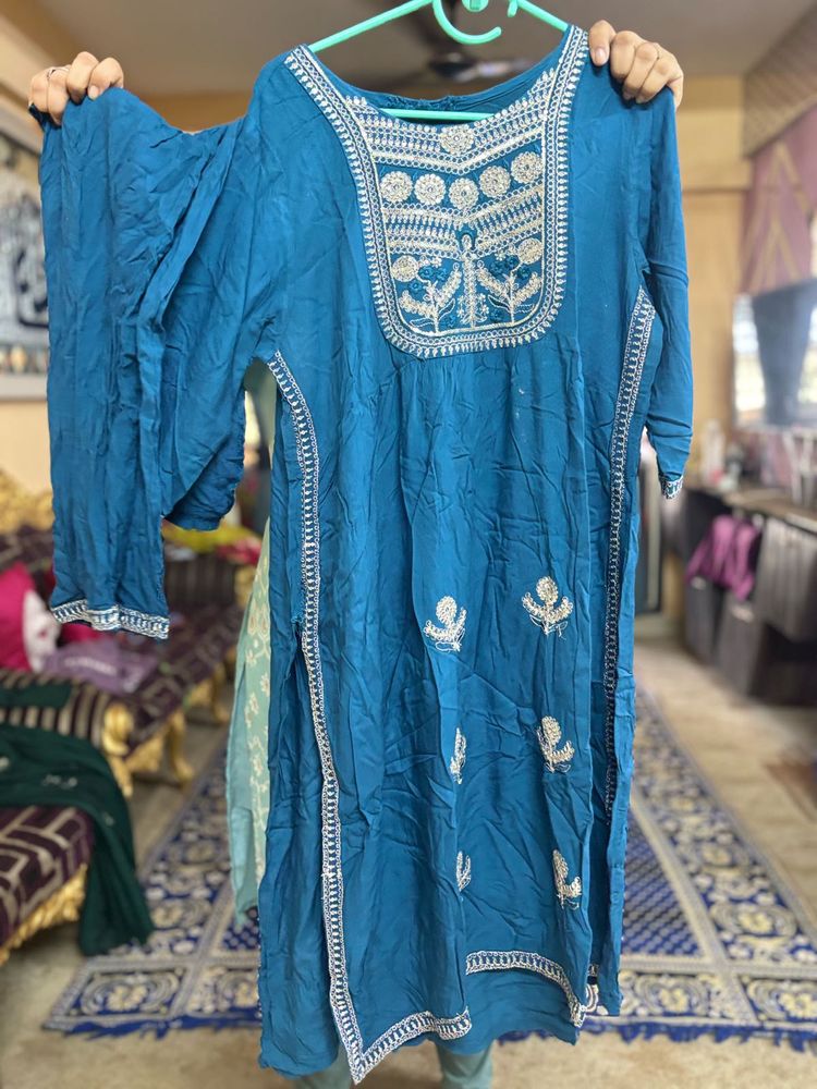 Teal Blue Silver Embroidered Kurta Set