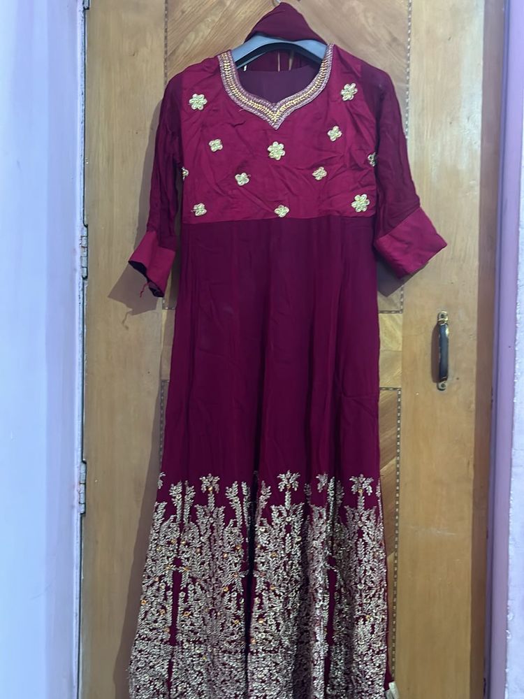 Maroon &amp; Gold Embroidered Anarkali Dress