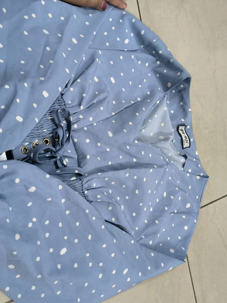 Blue Polka Dot  Top With Smocked Detailing And Empire Sleeves . No Damage. Size -S35